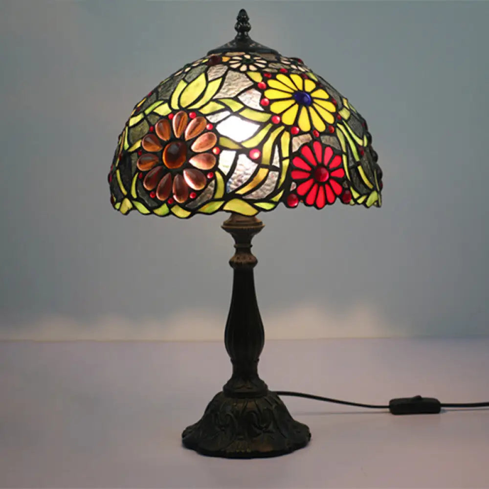 Mediterranean Green Glass Table Lamp With Hand-Cut Flower Pattern - Night Lighting Solution