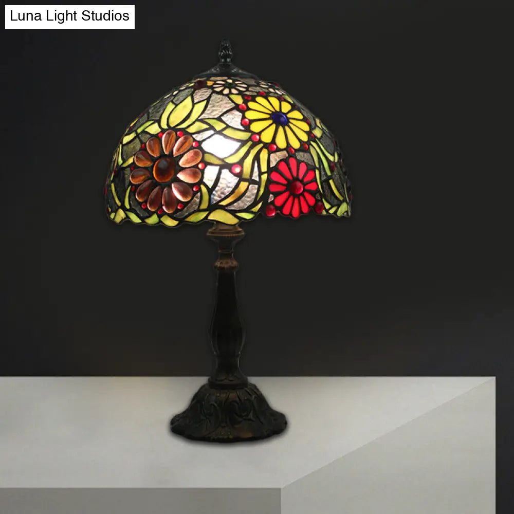 Mediterranean Green Glass Table Lamp With Hand-Cut Flower Pattern - Night Lighting Solution