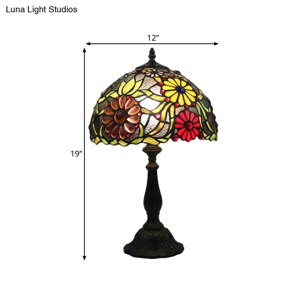 Mediterranean Green Glass Table Lamp With Hand-Cut Flower Pattern - Night Lighting Solution