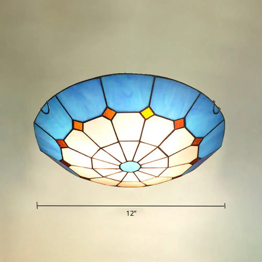 Mediterranean Gridded Glass Blue Flush Mount Ceiling Light / 12’