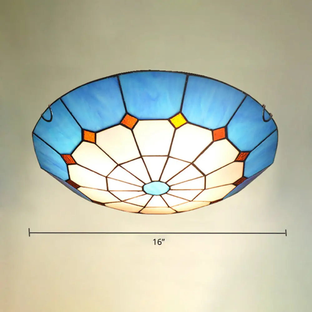 Mediterranean Gridded Glass Blue Flush Mount Ceiling Light / 16’