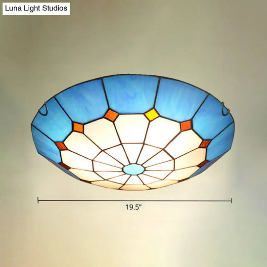 Mediterranean Gridded Glass Blue Flush Mount Ceiling Light / 19.5