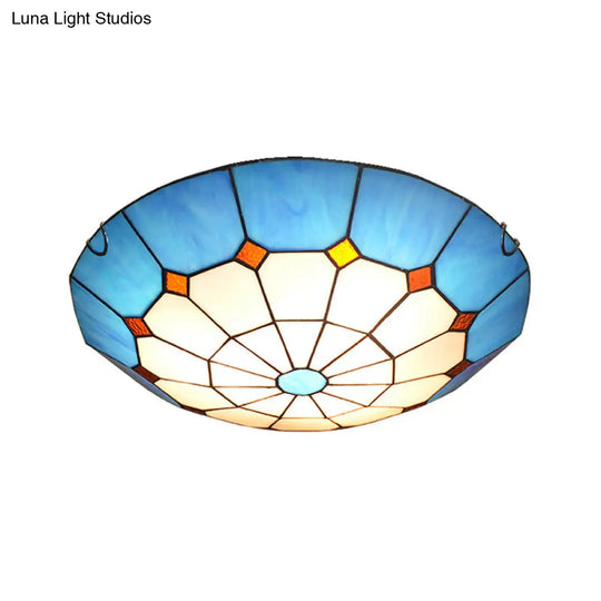 Mediterranean Gridded Glass Blue Flush Mount Ceiling Light