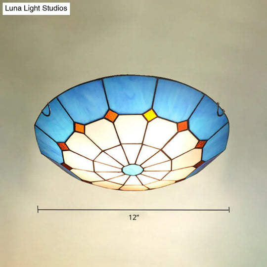 Mediterranean Gridded Glass Blue Flush Mount Ceiling Light / 12