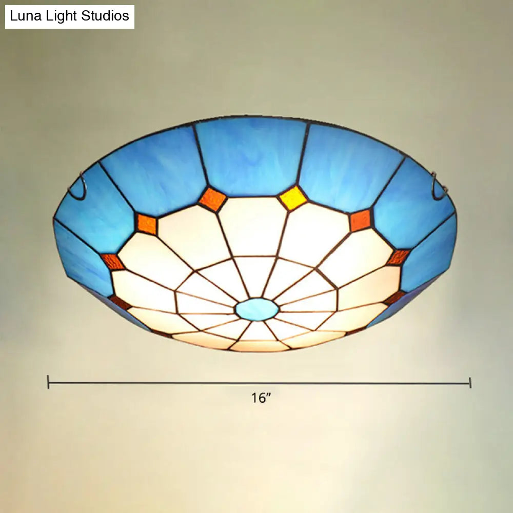 Mediterranean Gridded Glass Blue Flush Mount Ceiling Light / 16