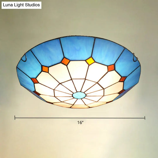 Mediterranean Gridded Glass Blue Flush Mount Ceiling Light / 16