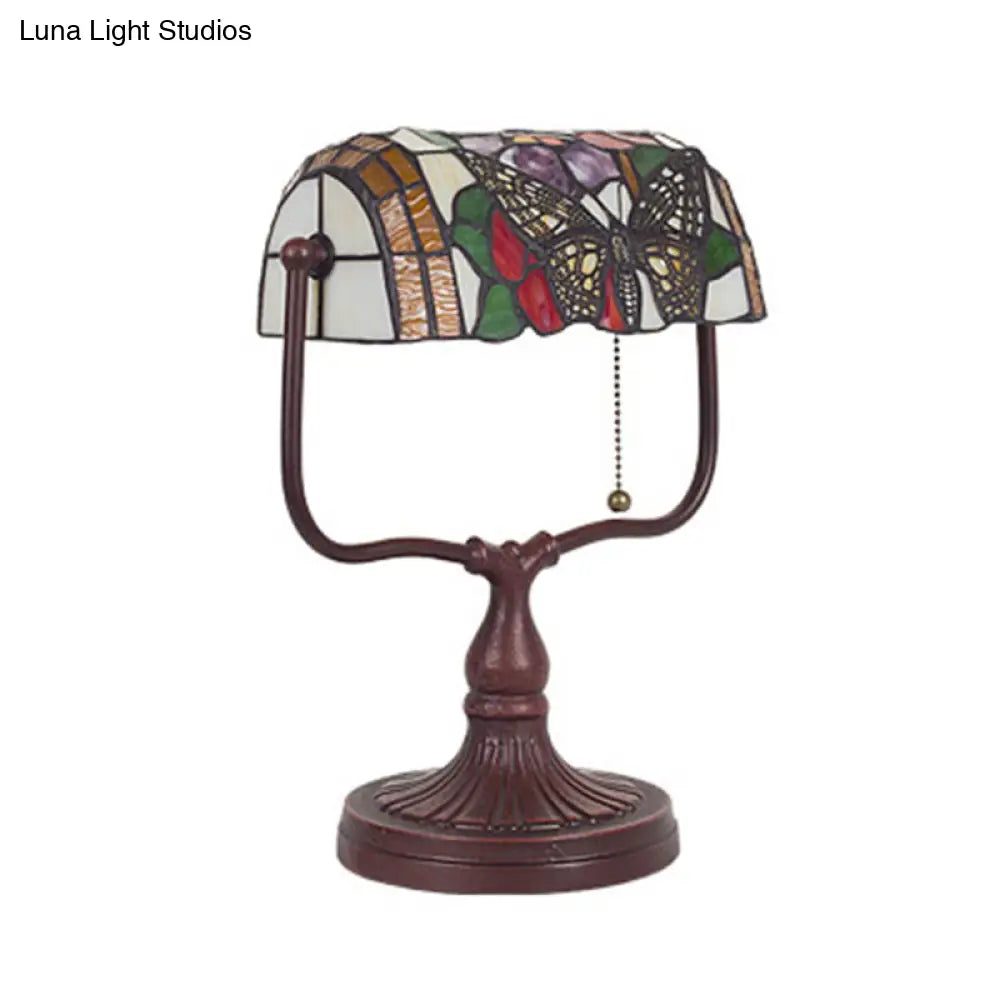 Mediterranean Hand Cut Glass Banker Lamp With Butterfly Pattern - White Pull Chain Table Light