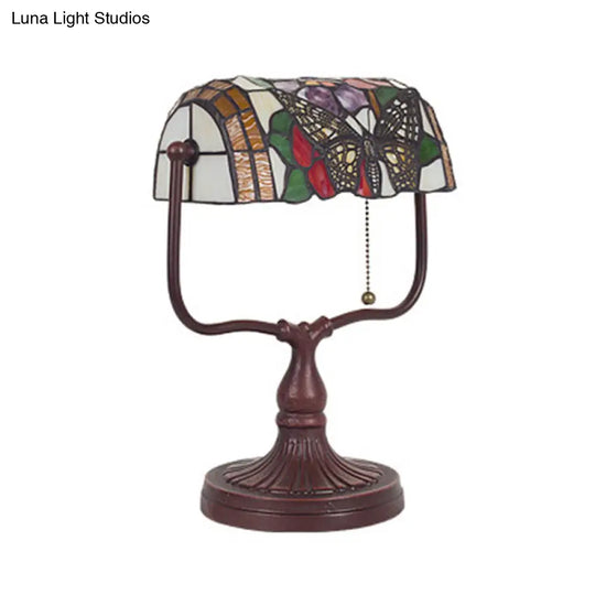 Mediterranean Hand Cut Glass Banker Lamp With Butterfly Pattern - White Pull Chain Table Light