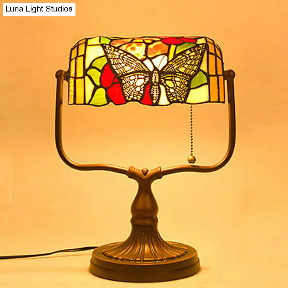 Mediterranean Hand Cut Glass Banker Lamp With Butterfly Pattern - White Pull Chain Table Light