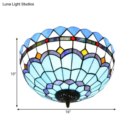 Mediterranean Hand Rolled Art Glass Bowl Flush Mount Light Fixture With Blue 2/3 Bulbs In 12/16 W
