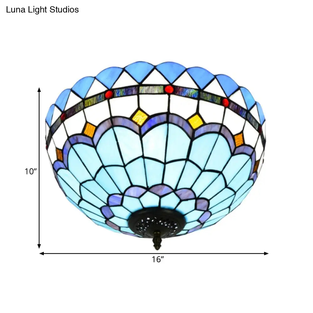 Mediterranean Hand Rolled Art Glass Bowl Flush Mount Light Fixture With Blue 2/3 Bulbs In 12’/16’ W