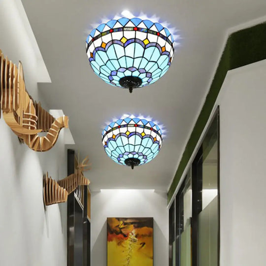 Mediterranean Hand Rolled Art Glass Bowl Flush Mount Light Fixture With Blue 2/3 Bulbs In
