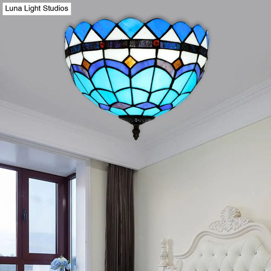 Mediterranean Hand Rolled Art Glass Bowl Flush Mount Light Fixture With Blue 2/3 Bulbs In 12/16 W /