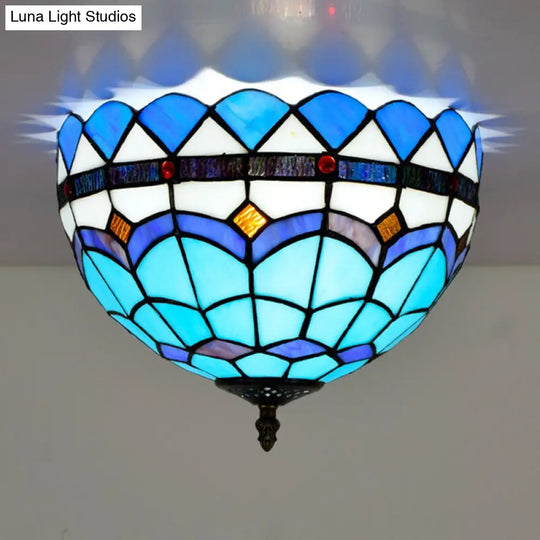 Mediterranean Hand Rolled Art Glass Bowl Flush Mount Light Fixture With Blue 2/3 Bulbs In 12/16 W