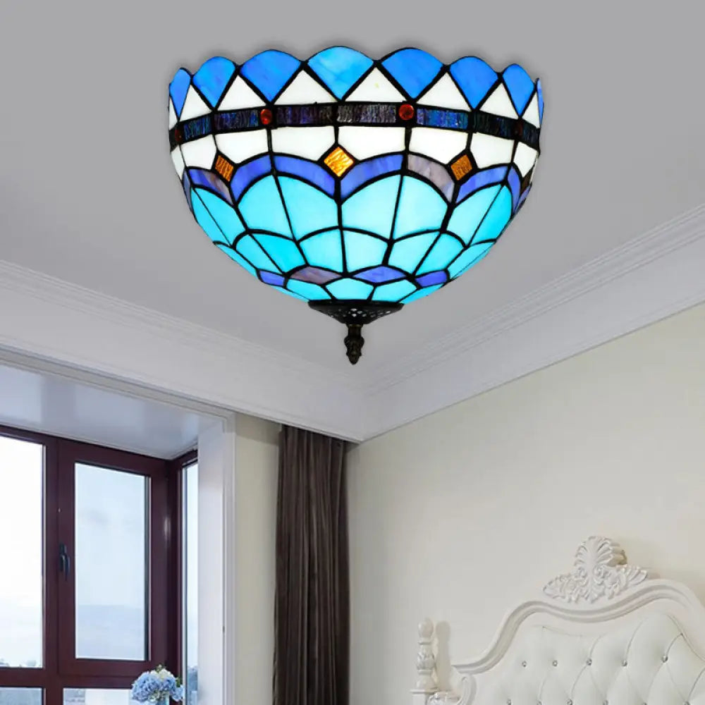 Mediterranean Hand Rolled Art Glass Bowl Flush Mount Light Fixture With Blue 2/3 Bulbs In