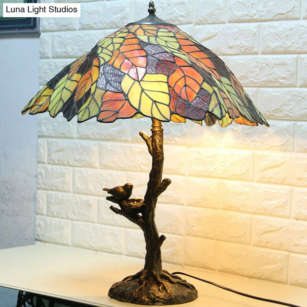 Mediterranean Leaf Stained Glass Table Lamp - Brass Finish Indoor Lighting