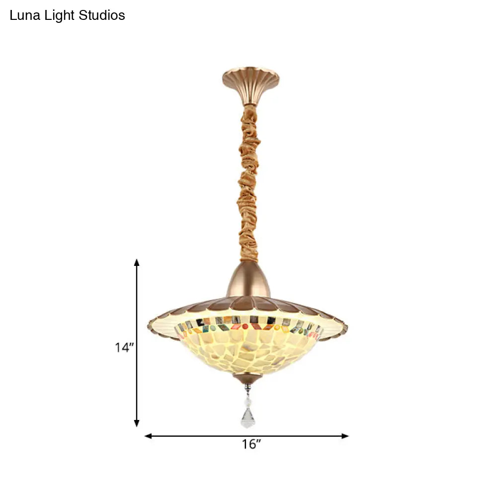 White Cut Glass Led Bowl Chandelier With Crystal Droplet - Mediterranean Suspension Pendant