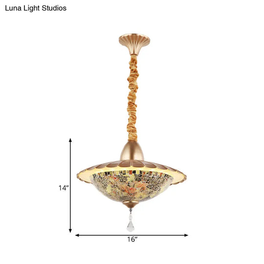 White Cut Glass Led Bowl Chandelier With Crystal Droplet - Mediterranean Suspension Pendant