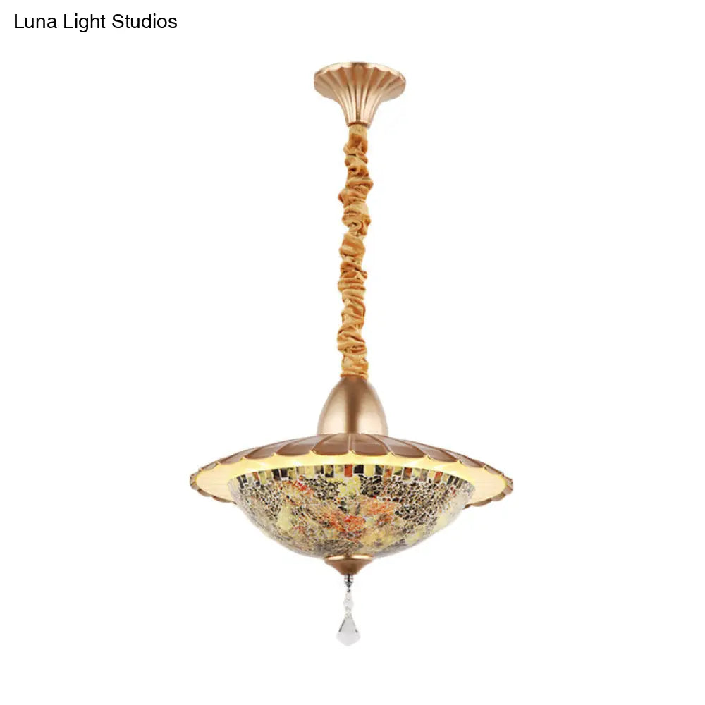 White Cut Glass Led Bowl Chandelier With Crystal Droplet - Mediterranean Suspension Pendant / E