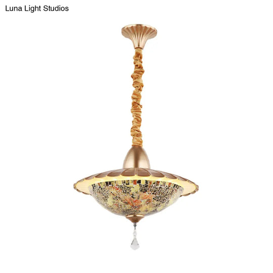 White Cut Glass Led Bowl Chandelier With Crystal Droplet - Mediterranean Suspension Pendant / E