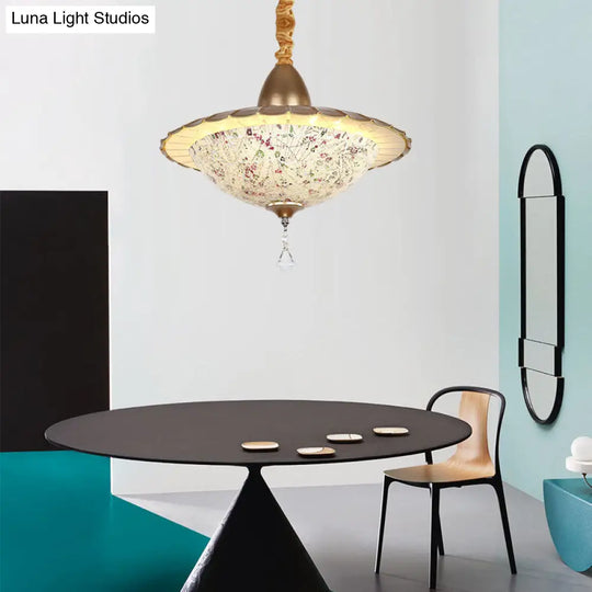 White Cut Glass Led Bowl Chandelier With Crystal Droplet - Mediterranean Suspension Pendant