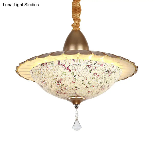 Mediterranean Led Bowl Chandelier - White Cut Glass Suspension Pendant With Crystal Droplet