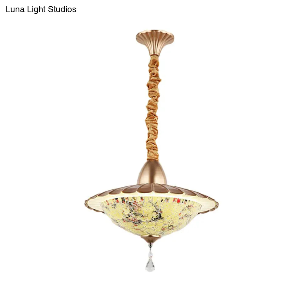 White Cut Glass Led Bowl Chandelier With Crystal Droplet - Mediterranean Suspension Pendant / A