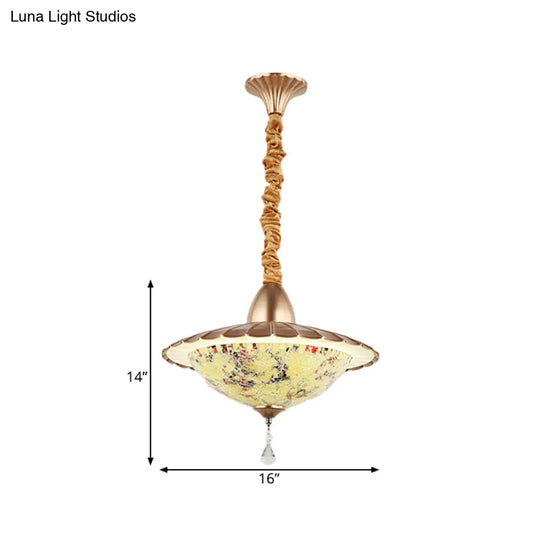 Mediterranean Led Bowl Chandelier - White Cut Glass Suspension Pendant With Crystal Droplet