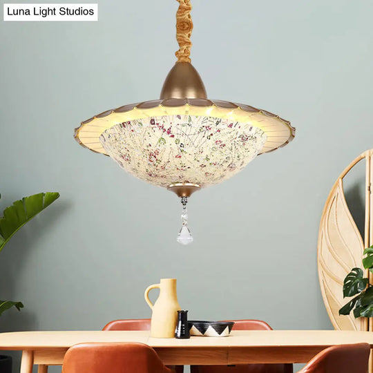 Mediterranean Led Bowl Chandelier - White Cut Glass Suspension Pendant With Crystal Droplet