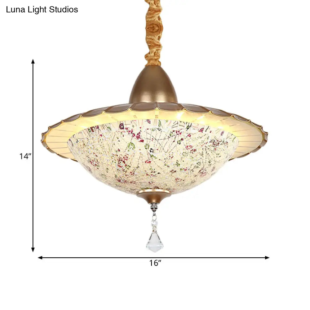 White Cut Glass Led Bowl Chandelier With Crystal Droplet - Mediterranean Suspension Pendant