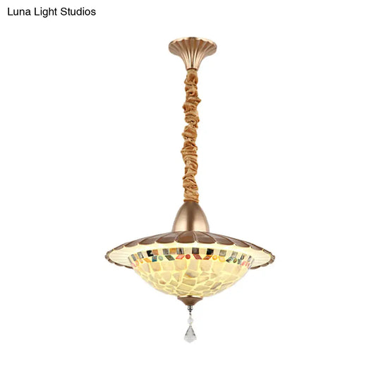 White Cut Glass Led Bowl Chandelier With Crystal Droplet - Mediterranean Suspension Pendant / C