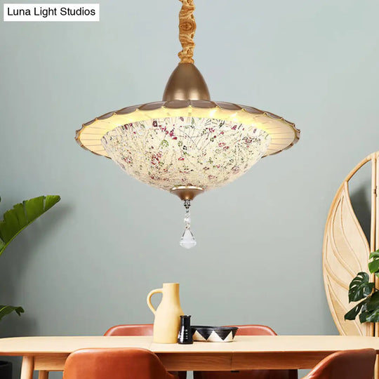 White Cut Glass Led Bowl Chandelier With Crystal Droplet - Mediterranean Suspension Pendant