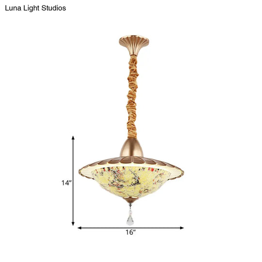 White Cut Glass Led Bowl Chandelier With Crystal Droplet - Mediterranean Suspension Pendant