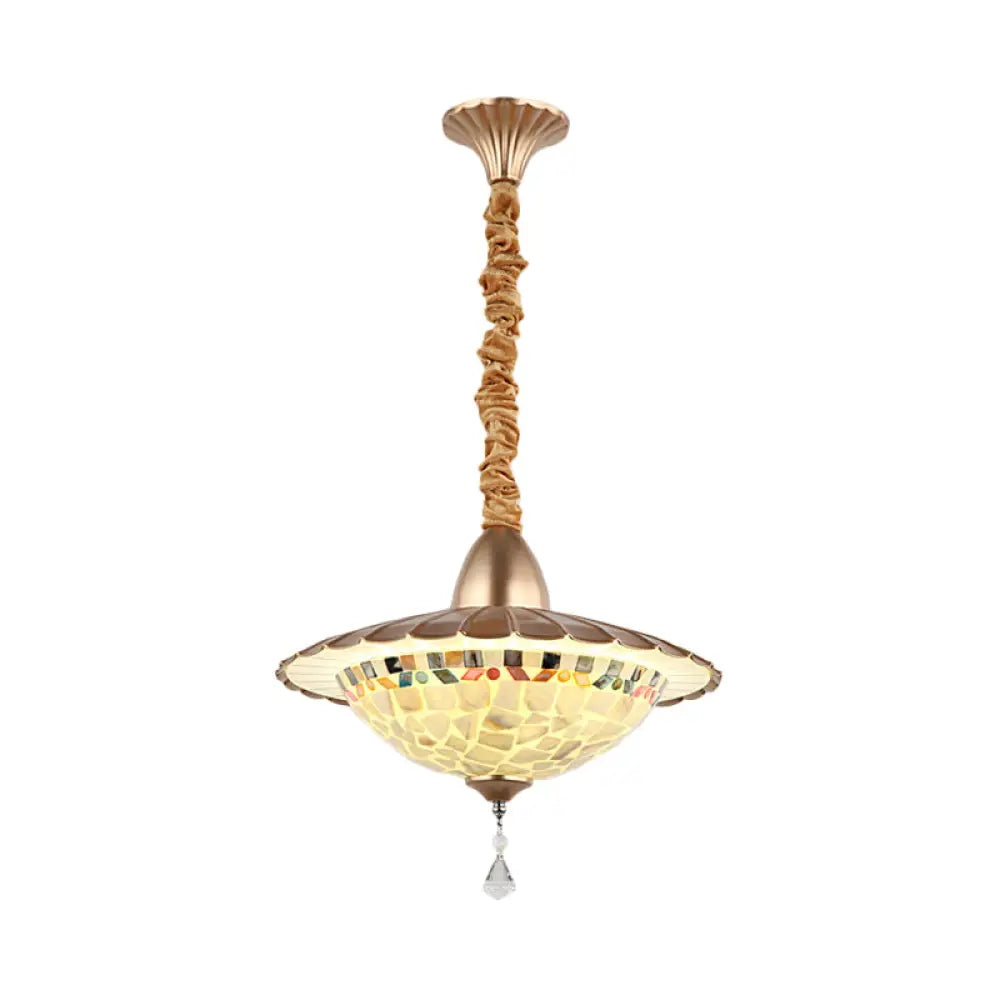 Mediterranean Led Bowl Chandelier - White Cut Glass Suspension Pendant With Crystal Droplet / C