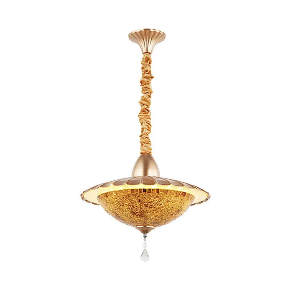 Mediterranean Led Bowl Chandelier - White Cut Glass Suspension Pendant With Crystal Droplet / D