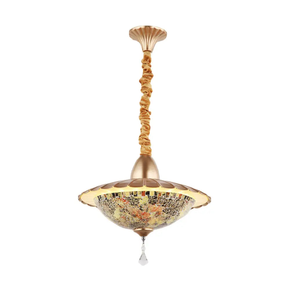 Mediterranean Led Bowl Chandelier - White Cut Glass Suspension Pendant With Crystal Droplet / E