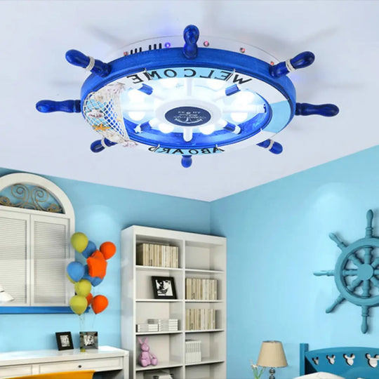 Mediterranean Led Pirate Ship Rudder Ceiling Lamp For Kids’ Bedroom Blue / 18’