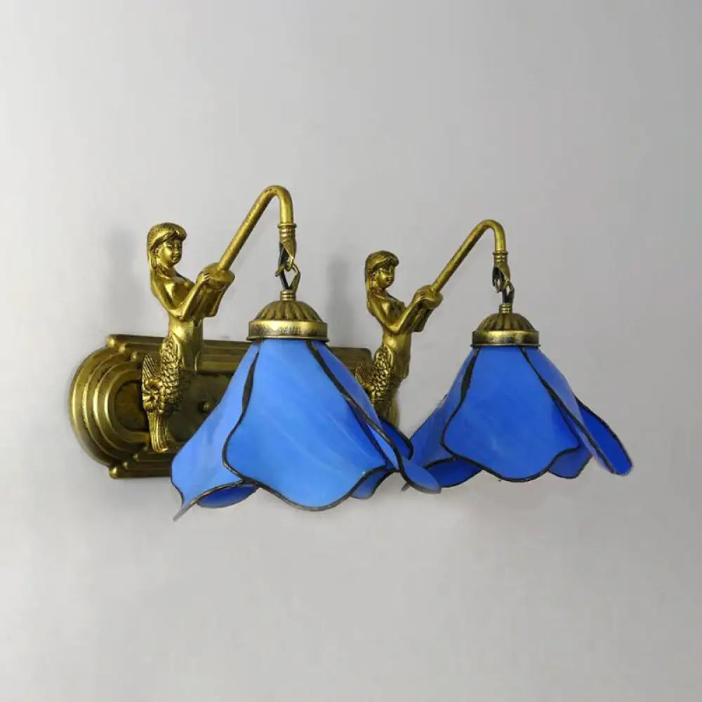 Mediterranean Mermaid Flower Wall Mount Sconce Light With Dual Blue/Clear/Pink Glass Heads Blue