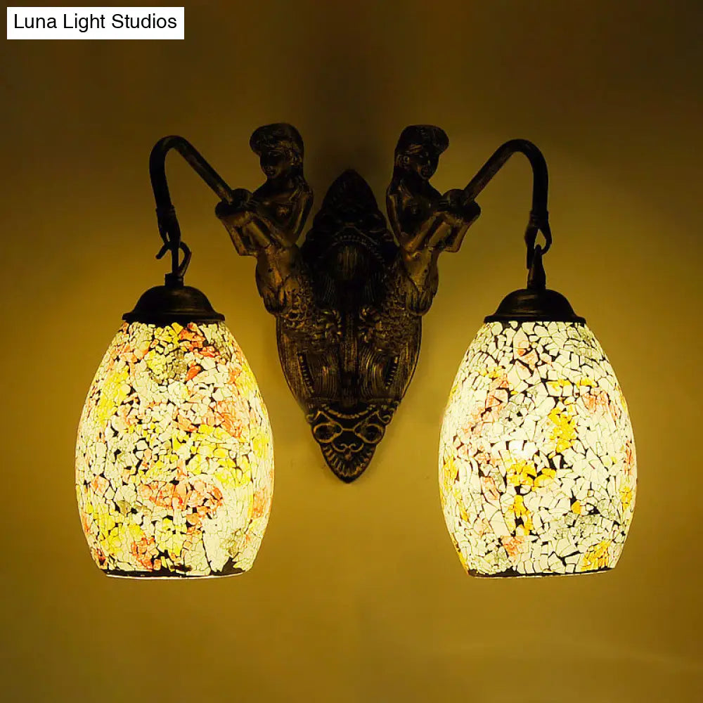 Mediterranean Mermaid Wall Lamp - Hand Cut Glass 2 Lights White/Red/Yellow Sconce Fixture