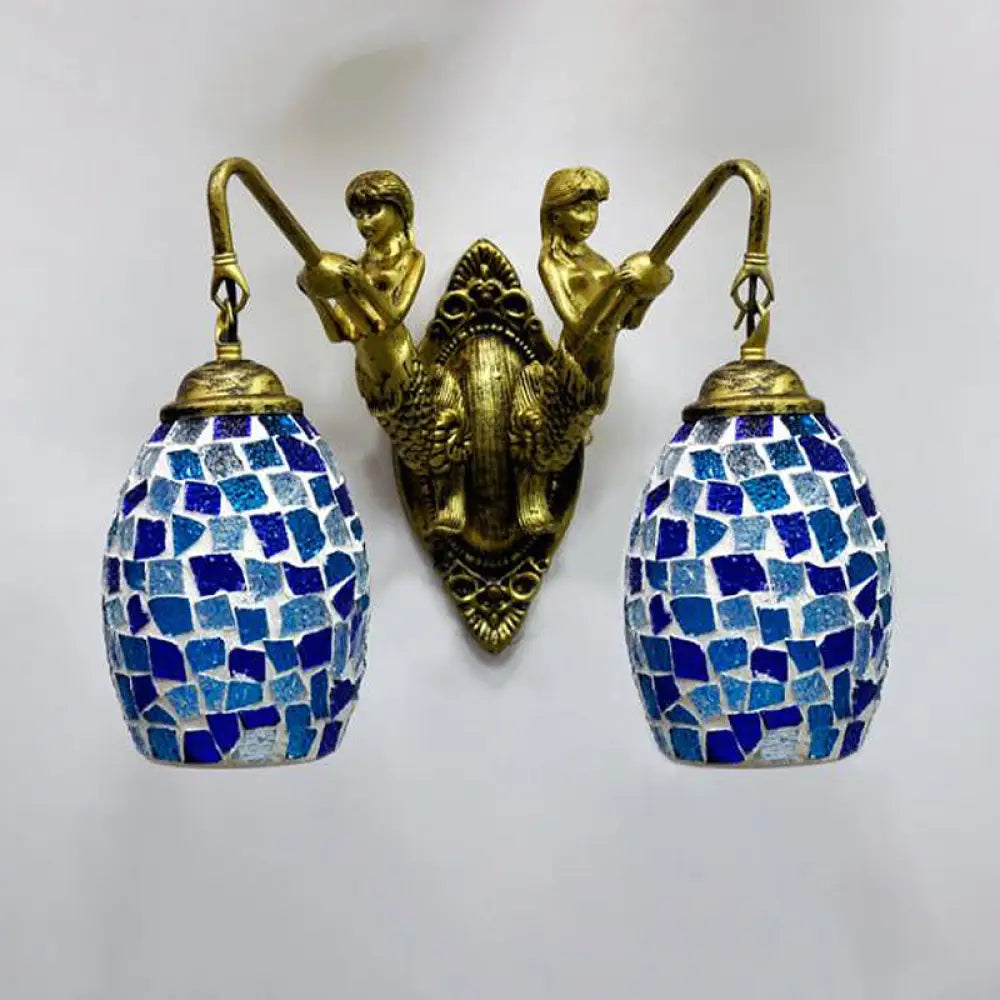 Mediterranean Mermaid Wall Lamp - Hand Cut Glass 2 Lights White/Red/Yellow Sconce Fixture Ocean Blue