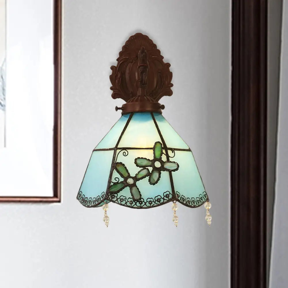 Mediterranean Metal Curved Arm Wall Light With Blue Glass Shade - Ideal For Dining Room