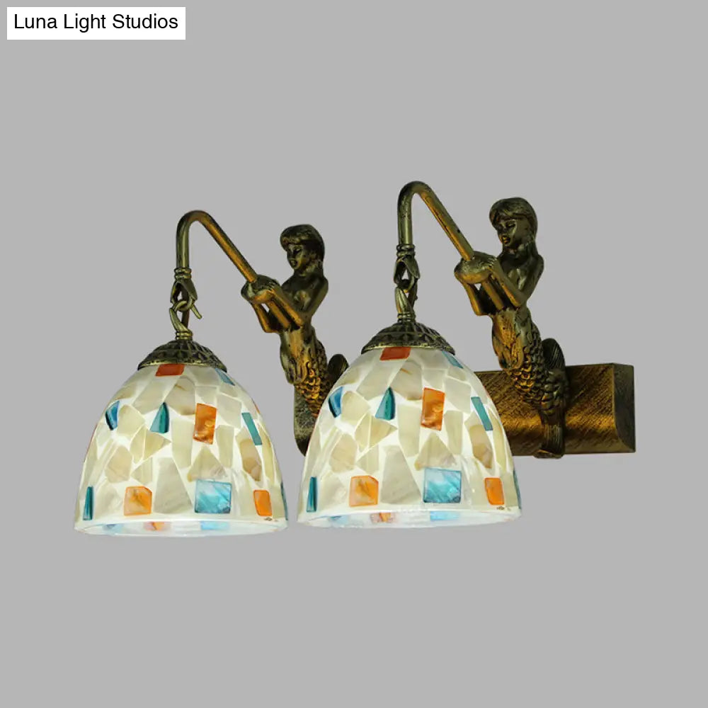 Mediterranean Mosaic Shell Sconce Light Fixture With 2 Lights - Beige/White-Yellow/Yellow-Blue Wall