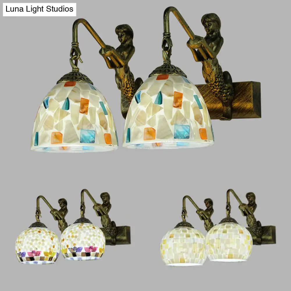 Mediterranean Mosaic Shell Sconce Light Fixture With 2 Lights - Beige/White-Yellow/Yellow-Blue Wall