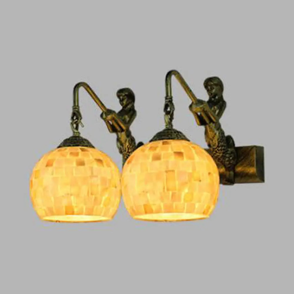 Mediterranean Mosaic Shell Sconce Light Fixture With 2 Lights - Beige/White-Yellow/Yellow-Blue Wall