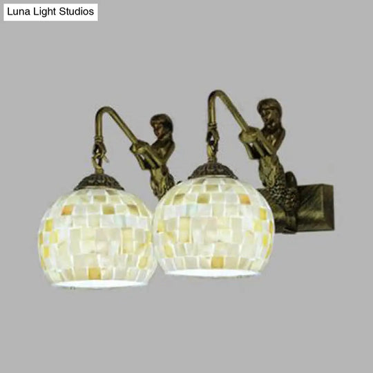 Mediterranean Mosaic Shell Sconce Light Fixture With 2 Lights - Beige/White-Yellow/Yellow-Blue Wall