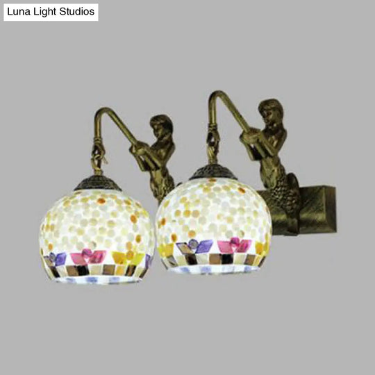 Mediterranean Mosaic Shell Sconce Light Fixture With 2 Lights - Beige/White-Yellow/Yellow-Blue Wall