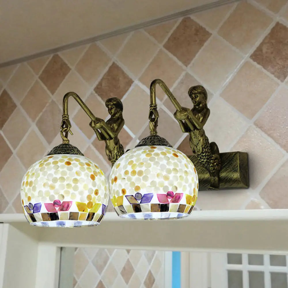 Mediterranean Mosaic Shell Sconce Light Fixture With 2 Lights - Beige/White-Yellow/Yellow-Blue Wall