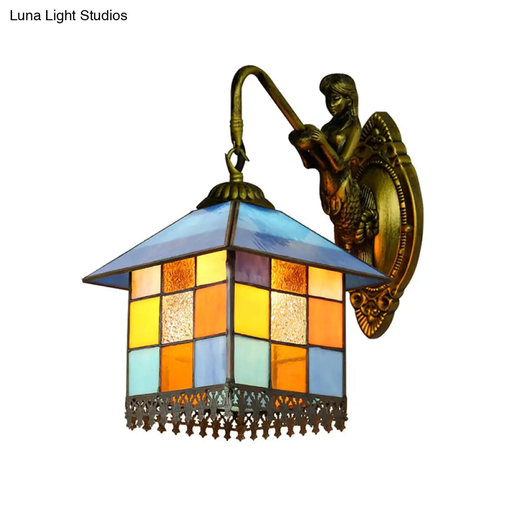 Mediterranean Multicolor Stained Glass Wall Sconce Light - Antique Brass Fixture