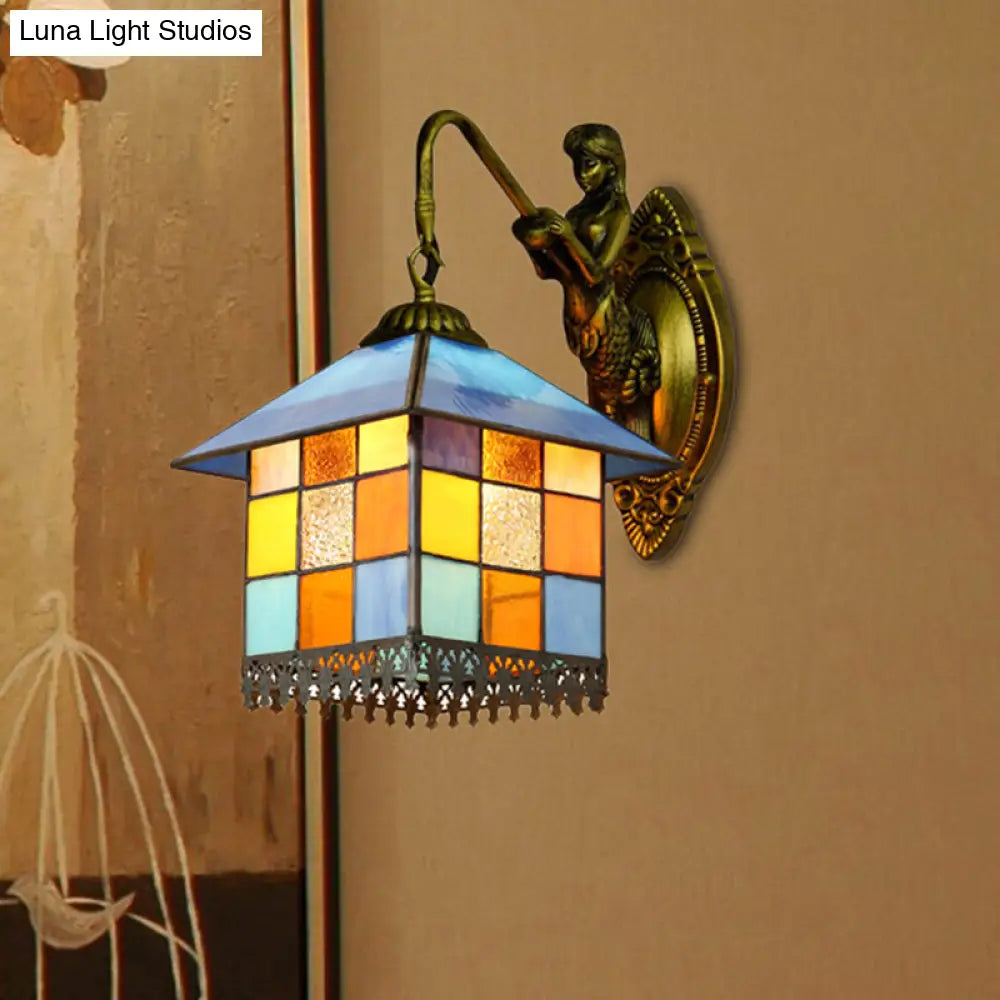 Mediterranean Multicolor Stained Glass Wall Sconce Light - Antique Brass Fixture