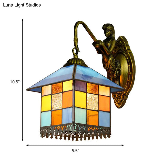 Mediterranean Multicolor Stained Glass Wall Sconce Light - Antique Brass Fixture